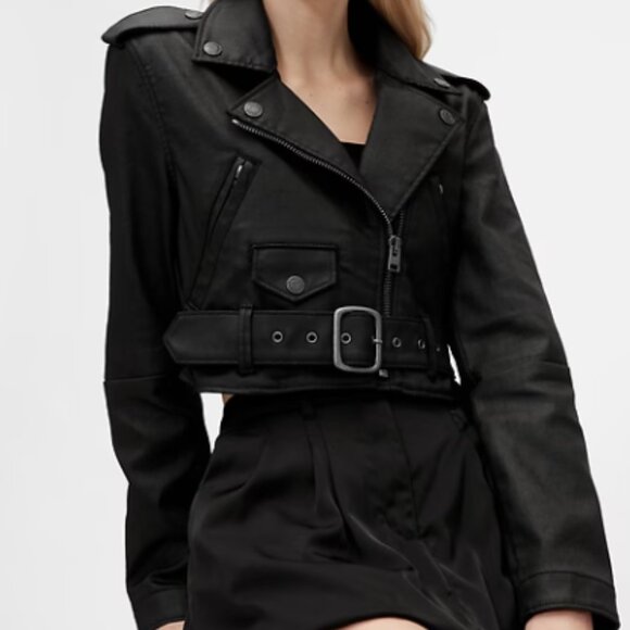 GapStudio Coated Denim Crop Moto Jacket - Picture 1 of 8